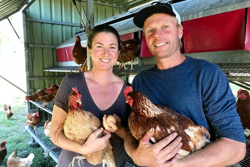 Alexi Cox and Mark Dragan holding chickens under the shade of one of their chicken tractors