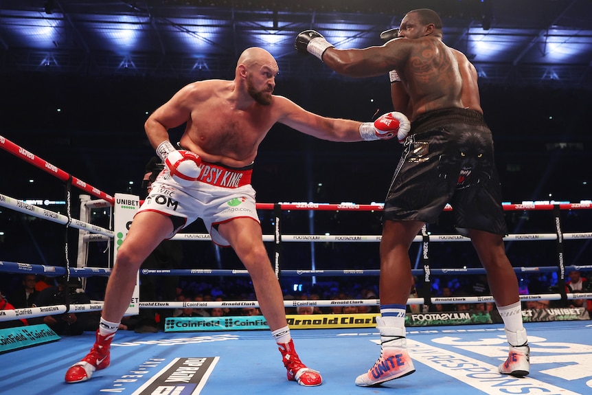 Boxer Tyson Fury leans forward and lands a punch to the stomach of Dillian Whyte in a world title fight. 