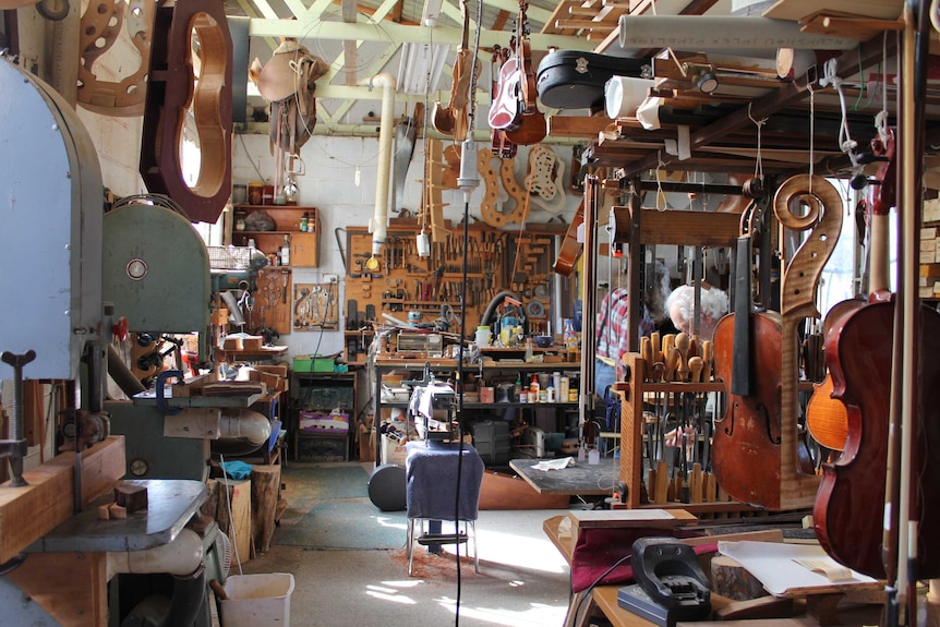 Kevin Williams' Wooragee workshop, where he makes and repairs stringed instruments.