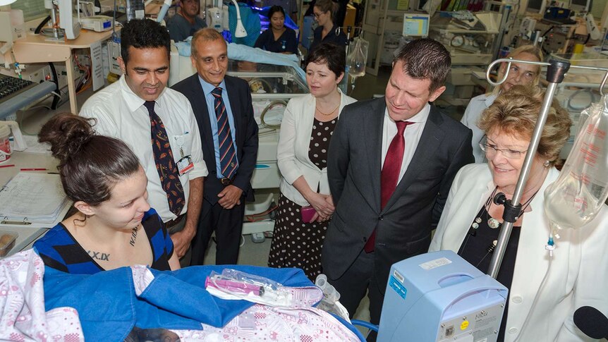 Patient Joanna, Dr Vijay Shingde, Professor Ralph Nannan, Mike Baird and Jillian Skinner at the Nepean Hospital.