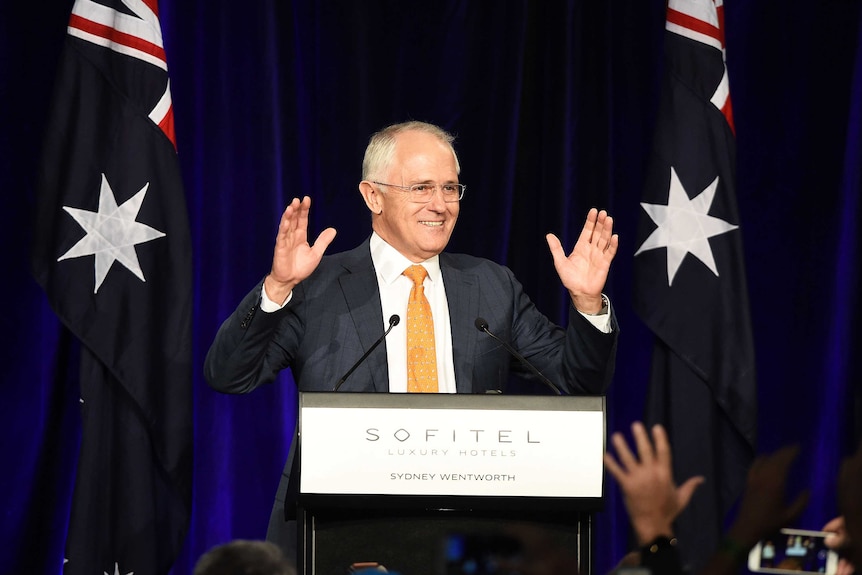 Malcolm Turnbull addresses party members at the Liberal Party election night event.