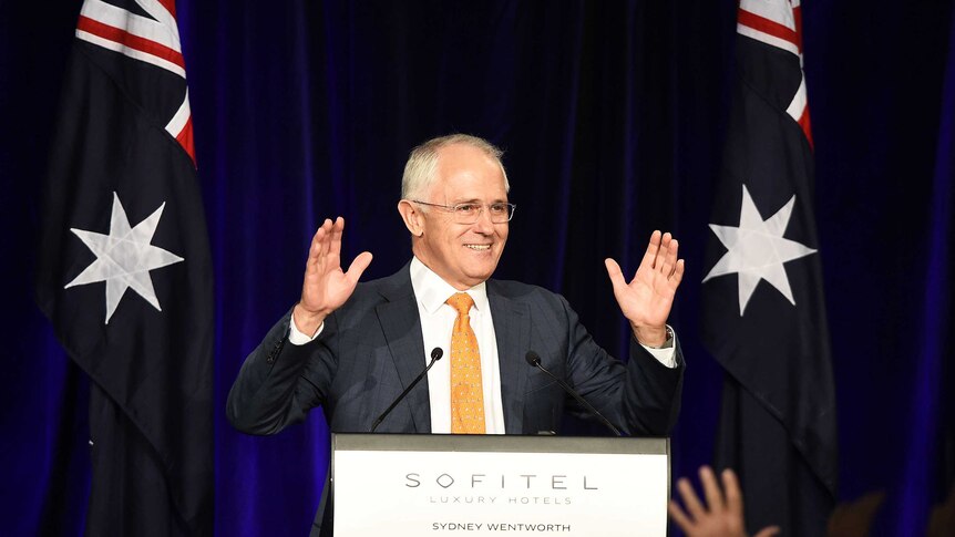 Malcolm Turnbull addresses party members at the Liberal Party election night event.