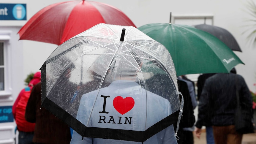 A group of people carrying umbrellas in the rain, with one saying "I love rain".