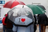A group of people carrying umbrellas in the rain, with one saying "I love rain".