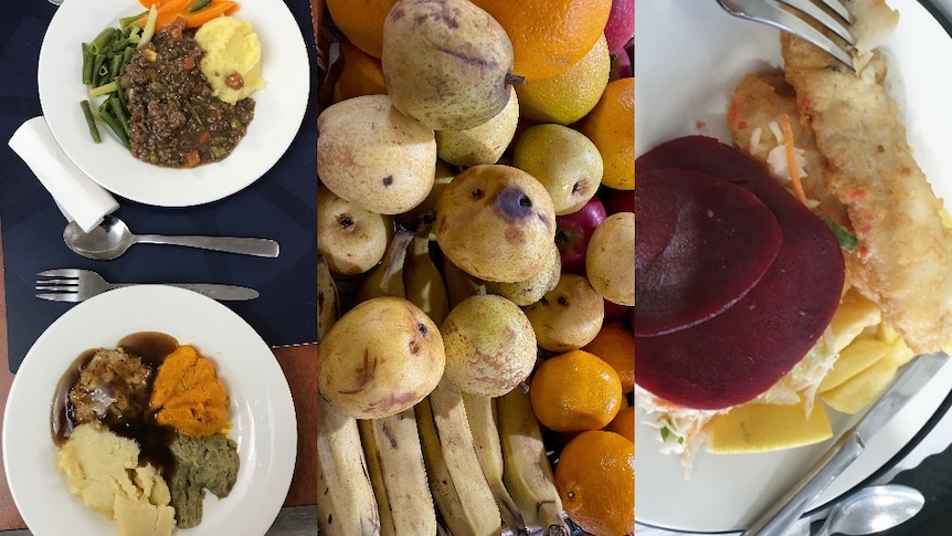 Imagen compuesta de una comida de carne y tres verduras, algo de fruta y pescado frito con remolacha.