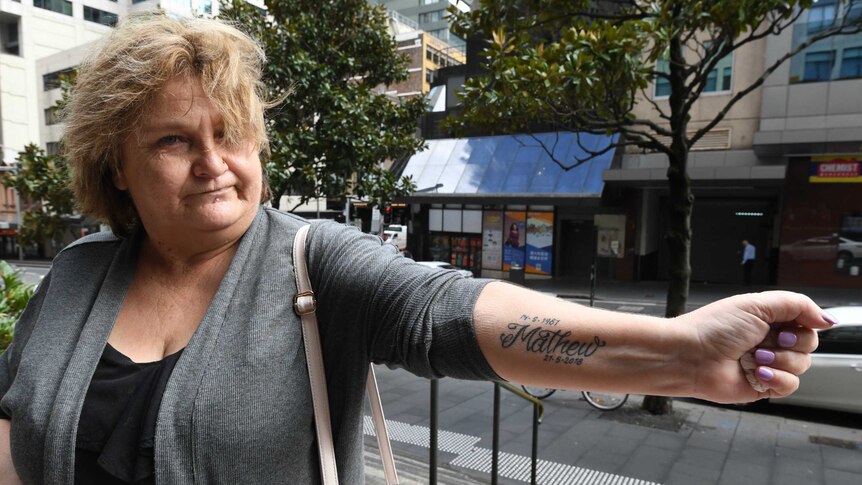 Mel Hayne, mother of 31-year-old Mathew Hayne, with a tattoo in memory of her son