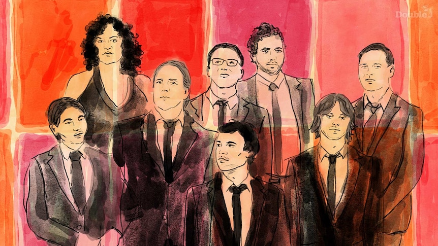 A black and white illustration of 8 members of The Bamboos wearing black on an orange and pink background