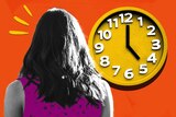 Illustration of woman staring at clock that says 5pm