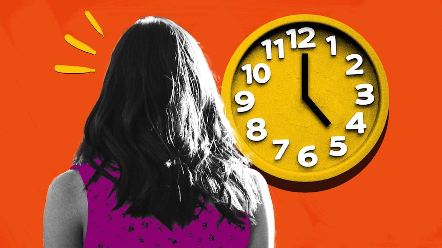 Illustration of woman staring at clock that says 5pm