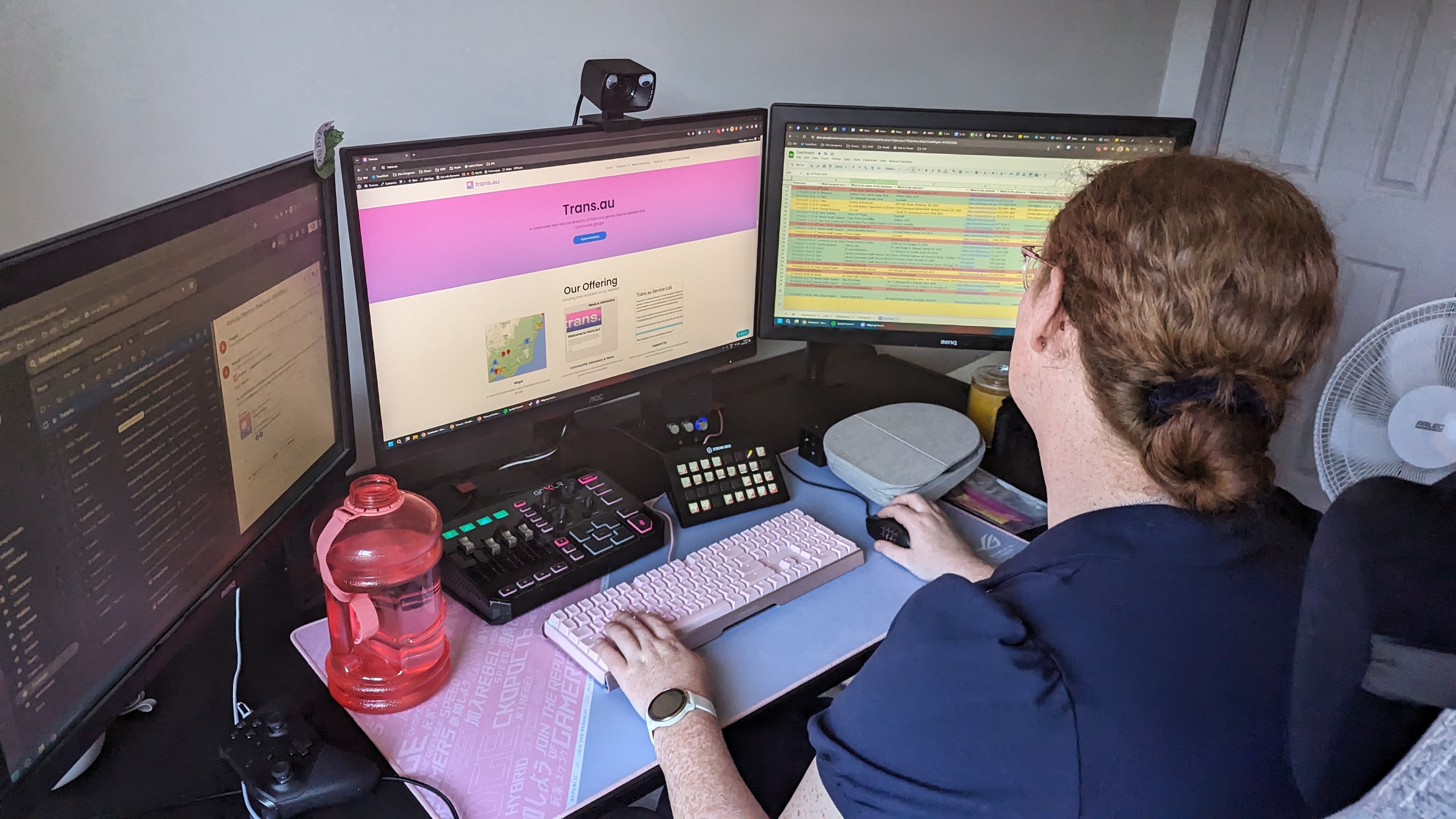 Back of woman's head, working on three monitors at her computer.