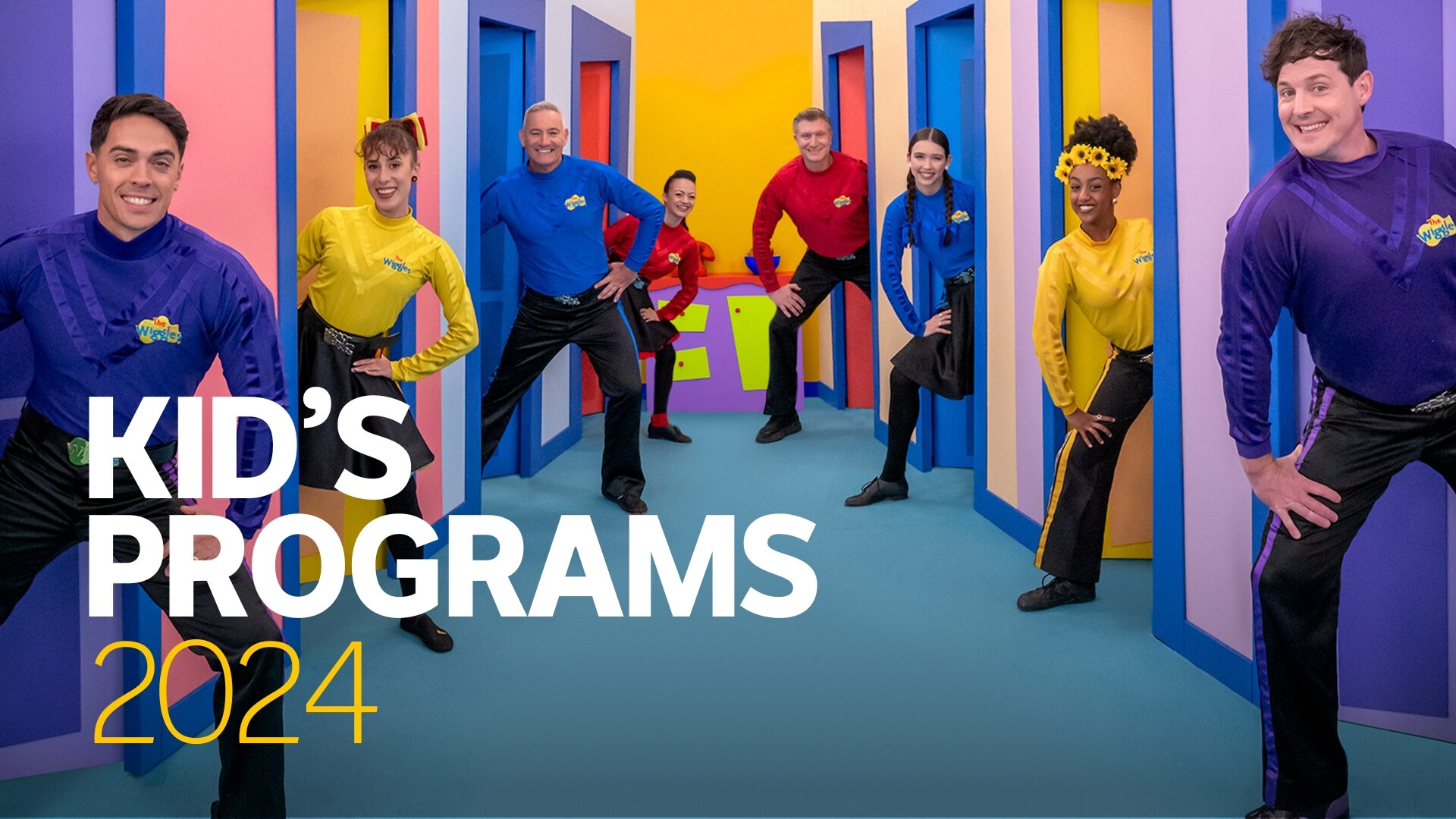 Image of the purple and the blue wiggle in moon suits on the moon text: Kids Programs 2024