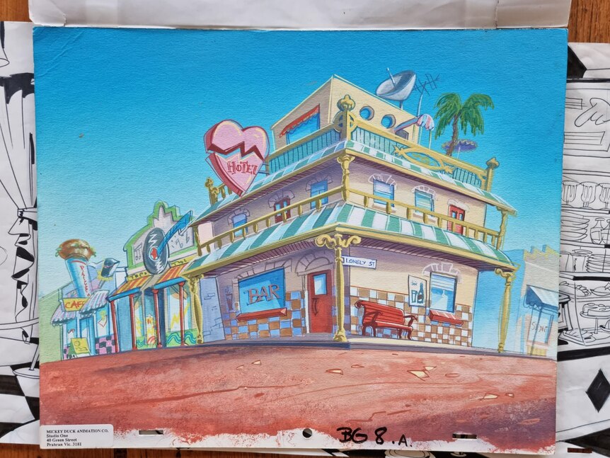 Watercolour painting of cartoon hotel.