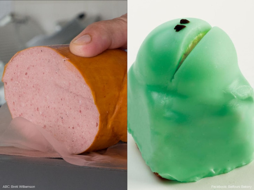 A composite image of bung fritz sandwich meat and a cake shaped like a frog, finished with green icing.