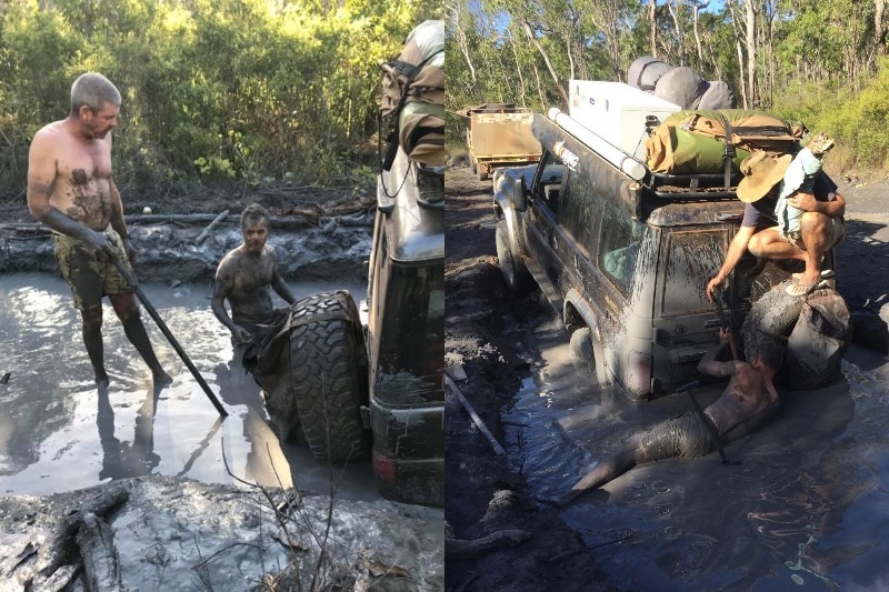 Composite of two photos of two men covered in mud trying to dig out a 4WD bogged in mud