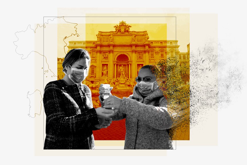 A black and white image of two women with hand sanitiser, with Italian cultural icon in the background on an orange square.
