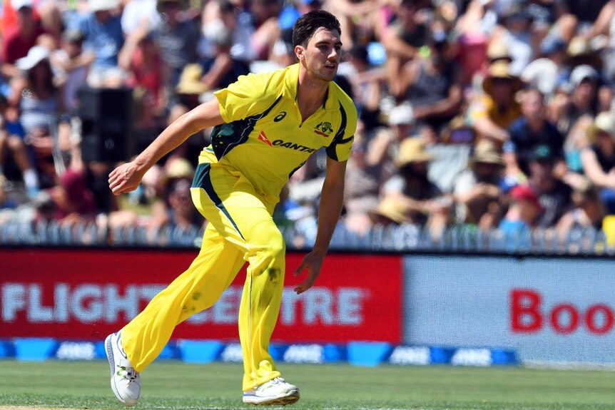 Pat Cummins bowls against New Zealand during the Chappell Hadlee match in Hamilton last month.