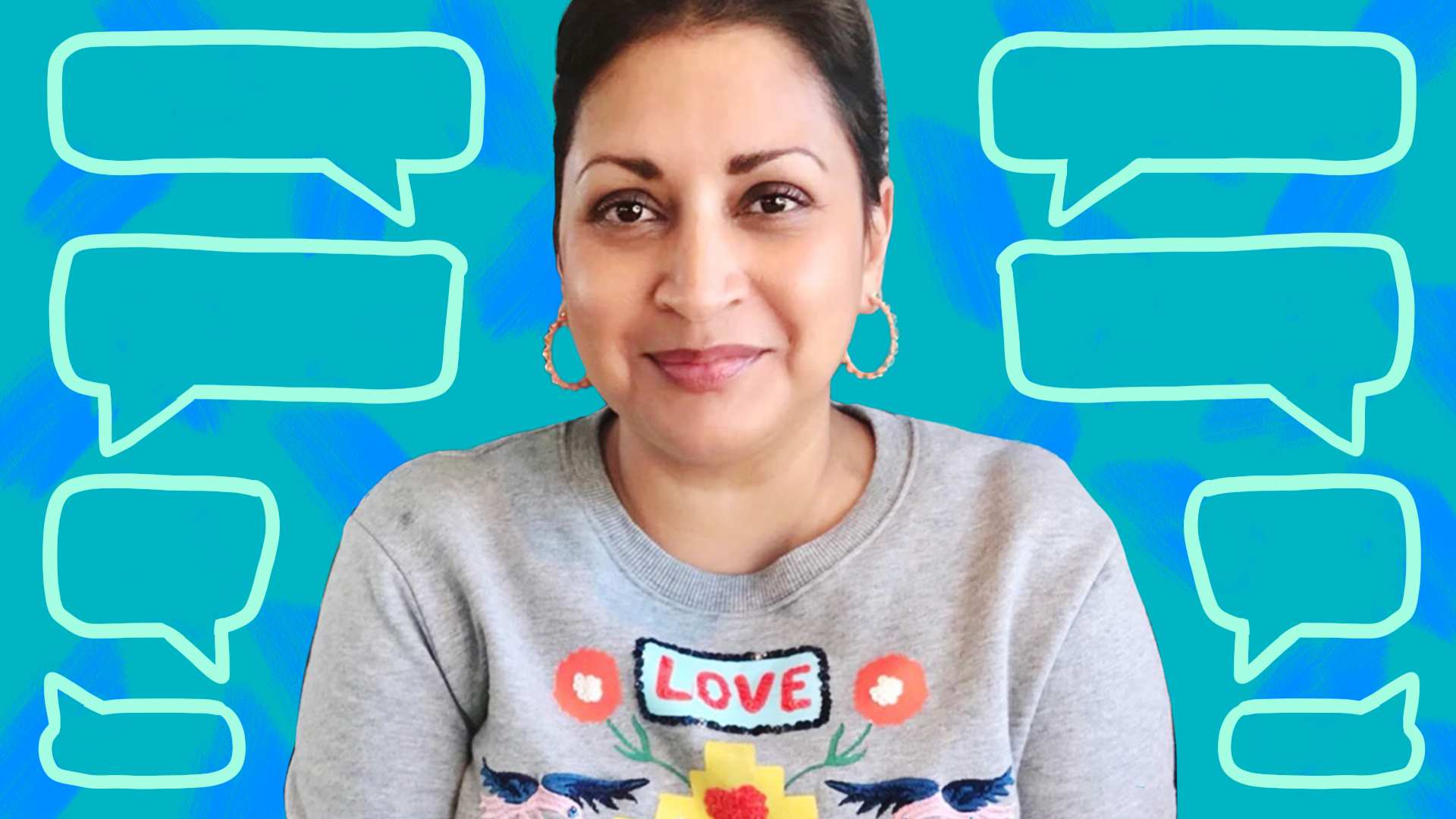 Nama Winston against a coloured background of speech bubbles in a story about mums having 'the talk' with teenage sons.