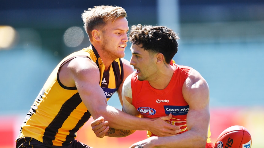 A Hawthorn AFL player contests for the ball with a Gold Coast opponent.