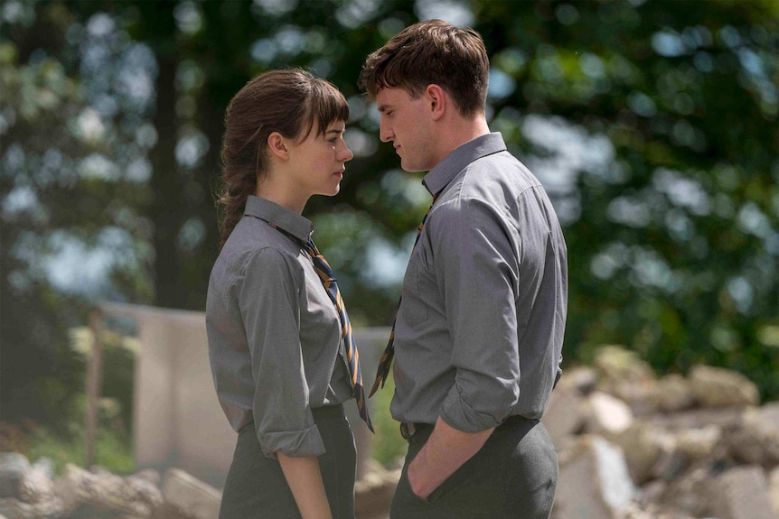 Characters Marianne and Connell wearing school uniforms in Normal People.