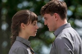 Characters Marianne and Connell wearing school uniforms in Normal People.