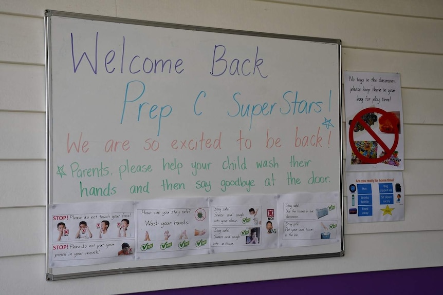 Welcome back to school sign at Mango Hill State School, north of Brisbane.