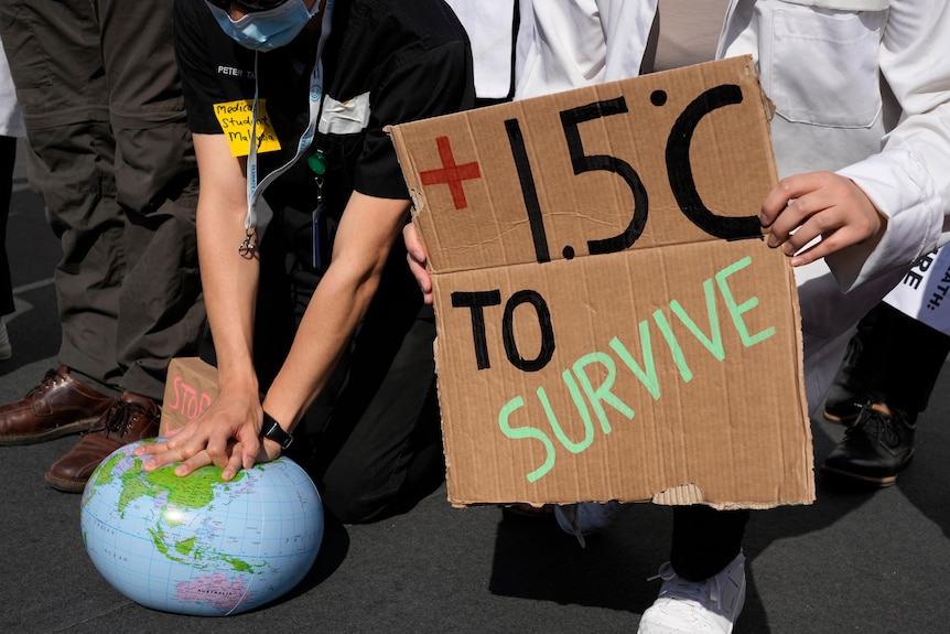 Posters and a globe ball being squeezed at a climate strike
