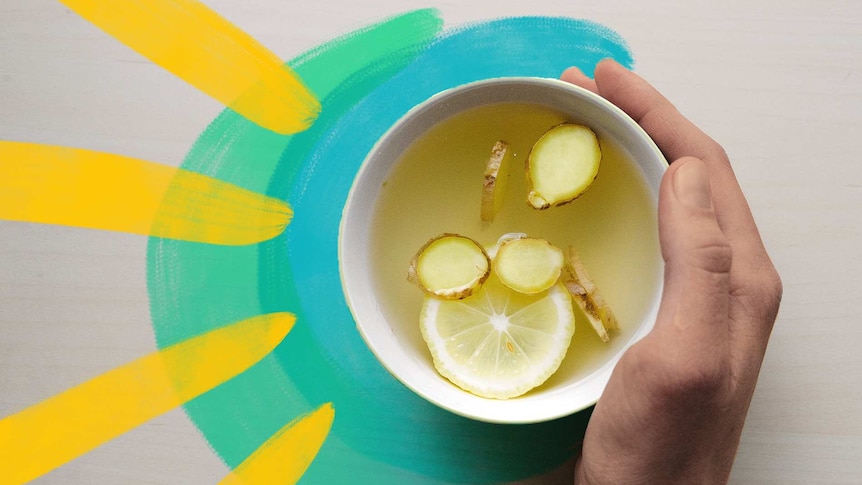 Hand holding a healthy-looking mug of honey and ginger drink for sa story about whether these remedies help colds and flu