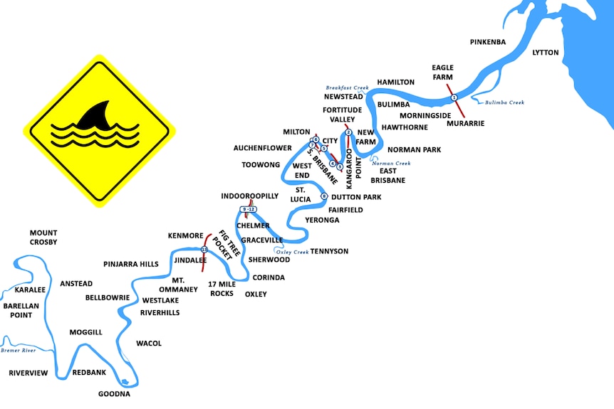 An illustration of the Brisbane River from the mouth up to Mount Crosby weir.