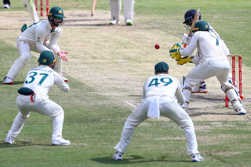 Matthew Wade, David Warner, Steve Smith and Tim Paine surround Indian batsman Rishabh Pant on day five of the Gabba Test.