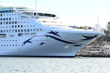 A large white cruise ship is parked at a berth.