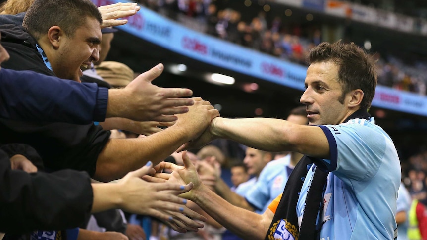 Sydney FC's Alessandro Del Piero waves goodbye to the crowd after losing to Melbourne Victory.