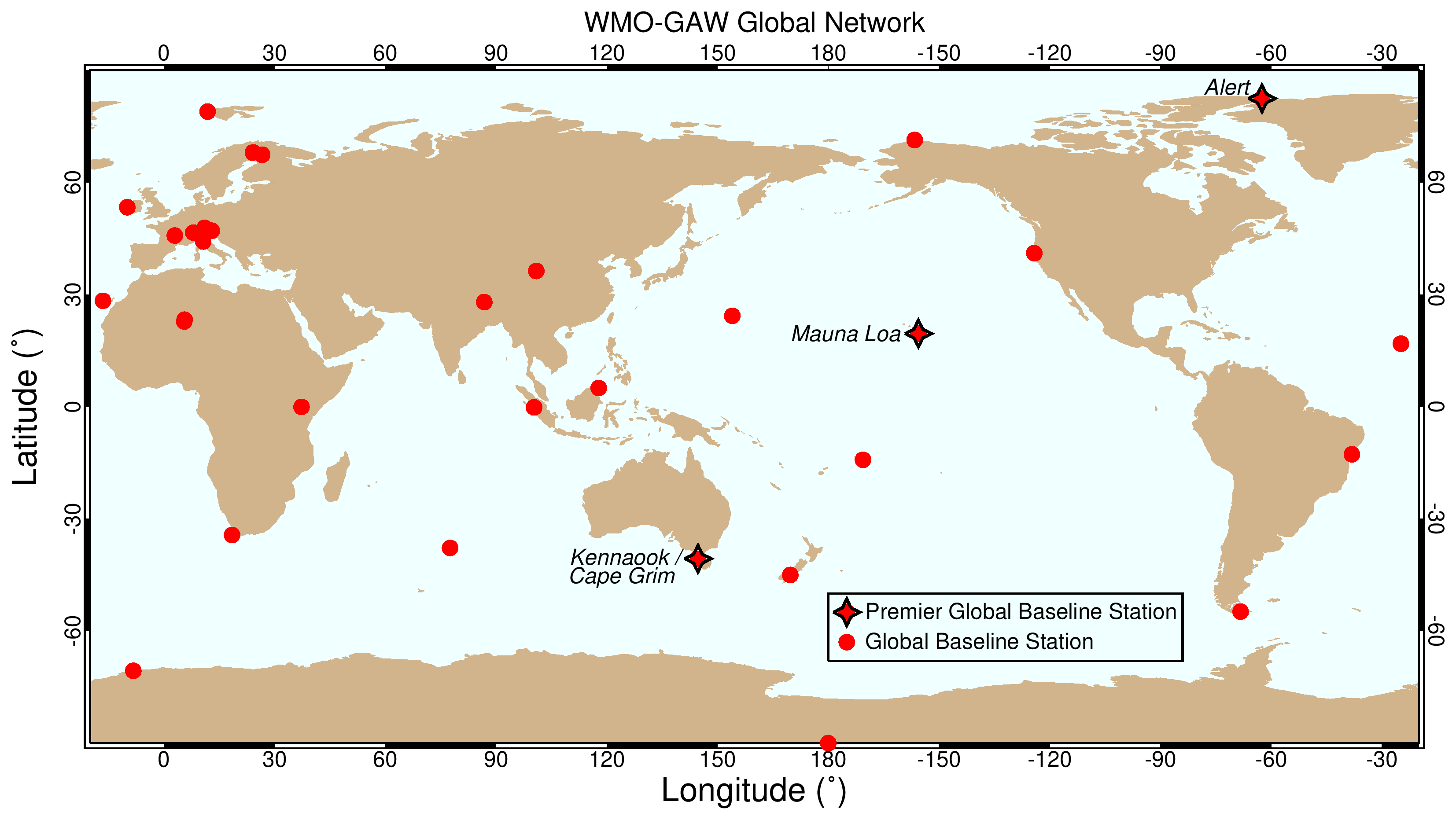 Map of the world spread horizontally shows sea in light blue and land in brown, with red stars indicating air monitoring station