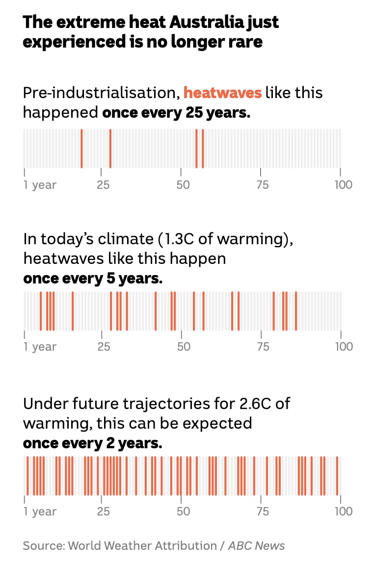 Una serie de gráficos muestran cómo las olas de calor han aumentado de 1 cada 25 años a 1 cada 5 años. En el futuro será 1 en 2 años.