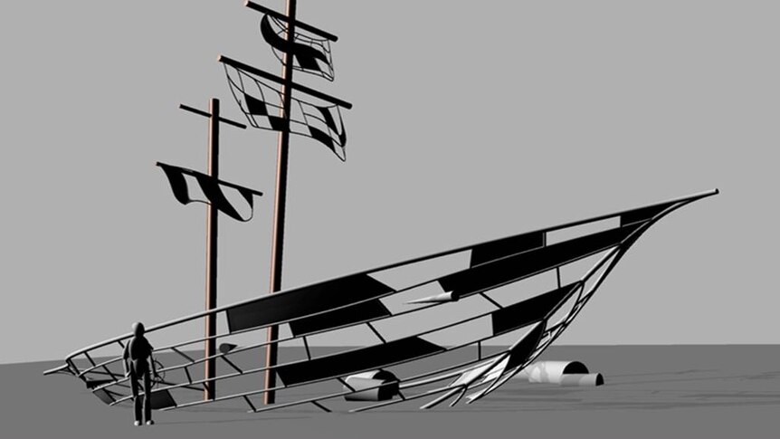 A black and white computer rendering of a pirate ship shaped frame