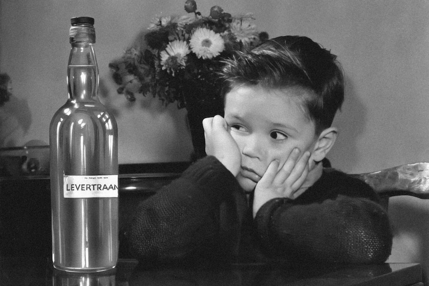 A Dutch boy sits forlornly while staring at a bottle of levertraan (cod liver oil).