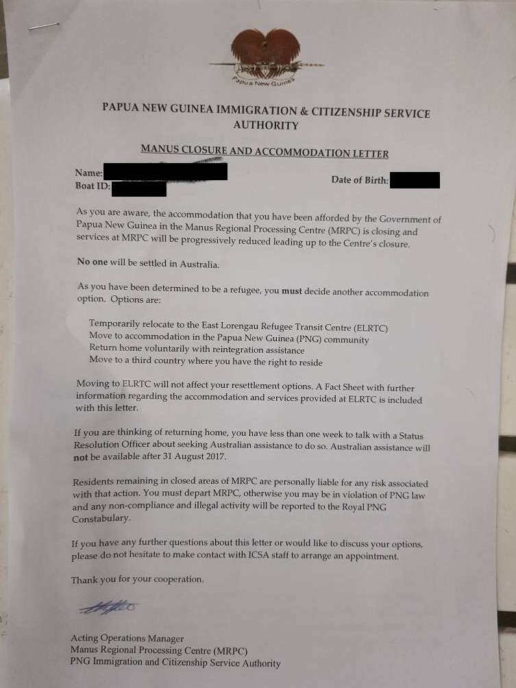 A letter telling refugees that the Manus Regional Processing Centre was closing.