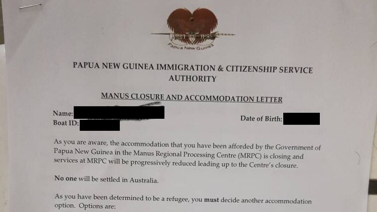 A letter telling refugees that the Manus Regional Processing Centre was closing.