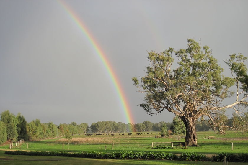 A rainbow arcs over a farm