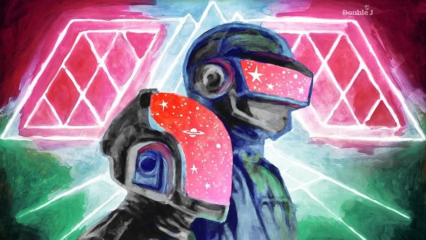 A colourful illustration of the two robots of Daft Punk