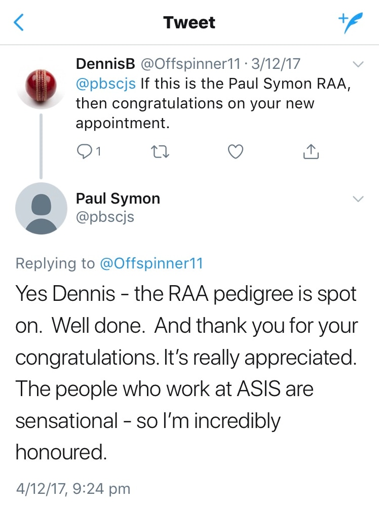A Twitter exchange between Dennis B and Paul Symon from December 2017.