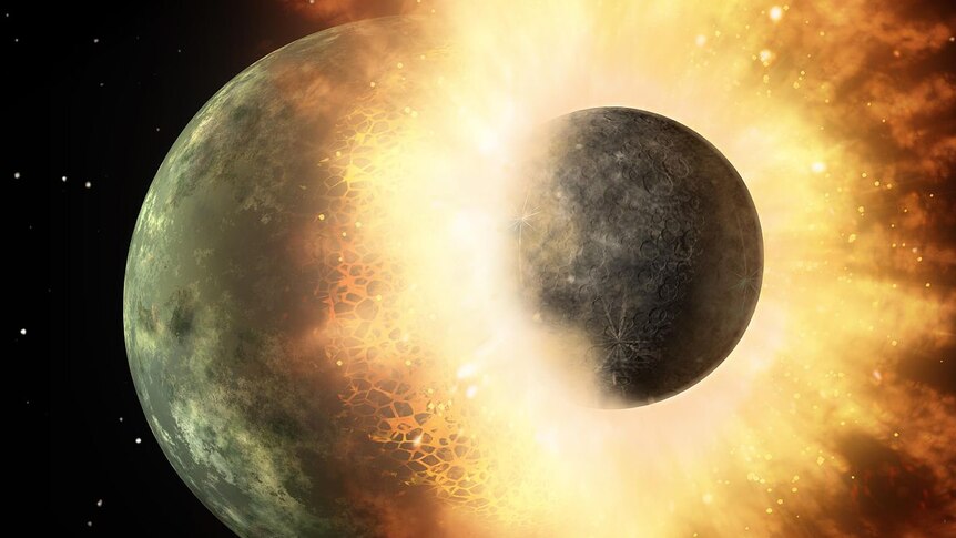 Artist's impression of the explosive impact of the Mars sized planet Theia colliding with the early proto-Earth.