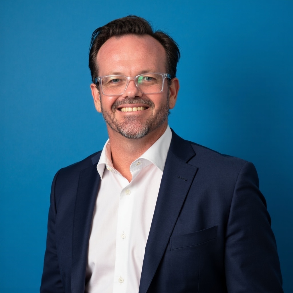 A man with glasses and facial hair smiles in a profile photo in front of a blue backdrop.