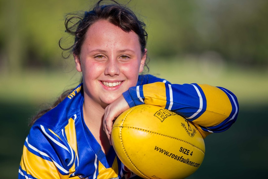 Chloe Rogers, ten, at Princes Park for the Flemington MUGARS girls AFL team.