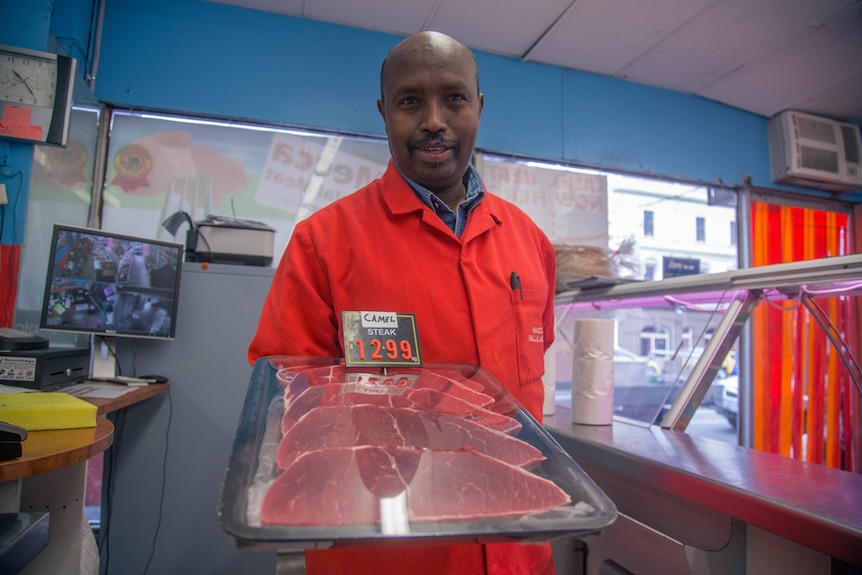 Macca Halal Meats owner Abukar Hersi with camel steaks