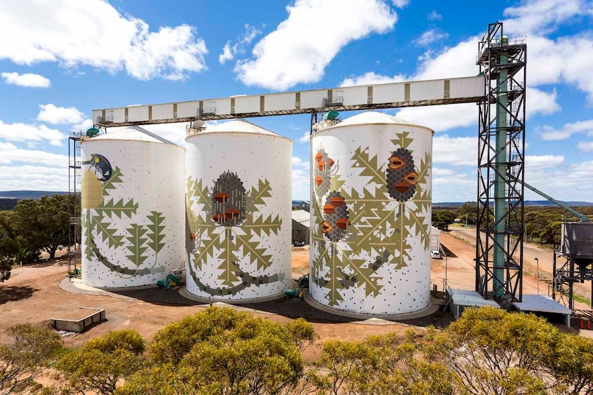 Banskia flowers painted on the side of grain silos in Ravensthorpe.