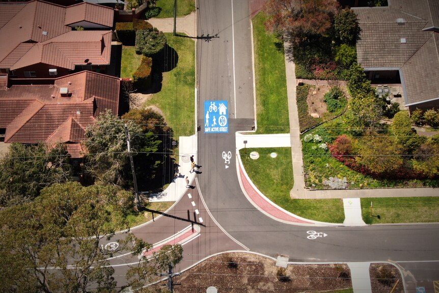 An aerial photo of a suburban street