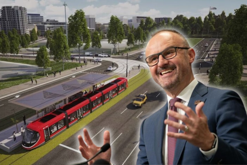 The ACT chief minister's image on an image of a light rail vehicle in Canberra.