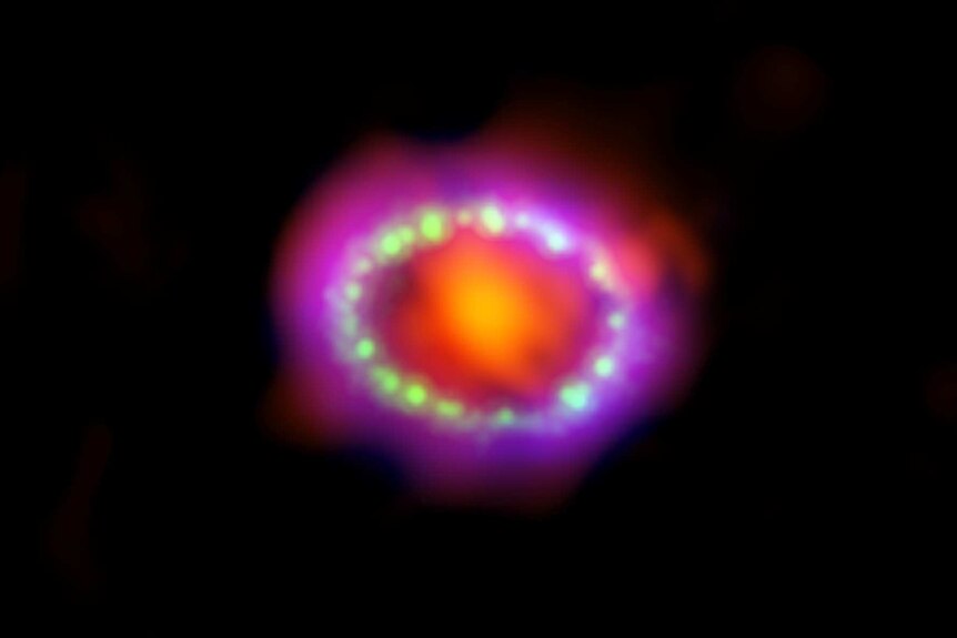 Close-up view of Supernova 1987a taken by three telescopes: Hubble optical (green ring), ALMA submillimetre (red), Chandra X-ray (blue)