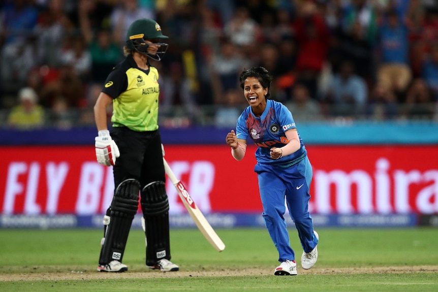 Poonam Yadav celebrates dismissing Ellyse Perry