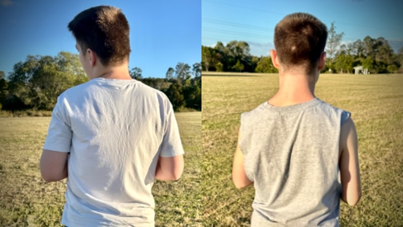 a composite image of two boys, seen from behind
